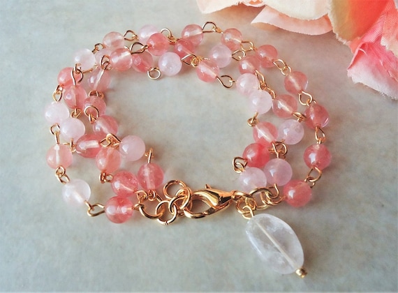 Pink Rose Quartz Multi Gemstone Bracelet: Gold Silver Bridal