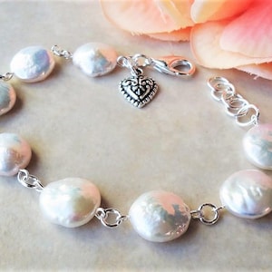 Keshi Coin Pearl Bracelet White Wedding Freshwater Pearl Baroque Pearl Statement Bridal Silver Heart Formal Anniversary Gift Handmade