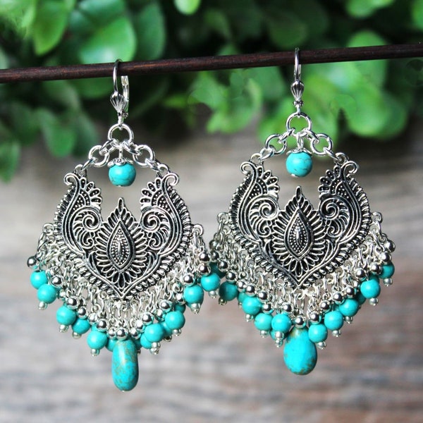 Turquoise Gemstone Chandelier Earrings Cluster Blue Silver Dangle Gypsy Statement Bridal Bohemian Fringe Big Earrings Long Gift Handmade