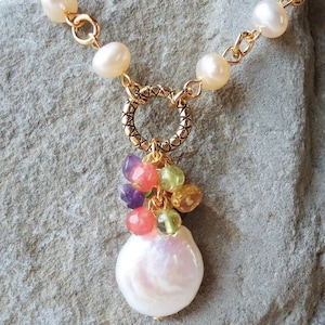 Keshi Coin Pearl & Gemstone Cluster Pendant Necklace: Bridal Statement Jewelry, Gift, Handmade