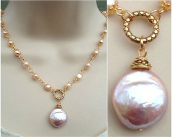 Keshi Coin Freshwater Pearl Pendant Necklace Beaded Baroque Pearl Silver Gold Statement Bridal Choker White Infinity Circle Gift Handmade