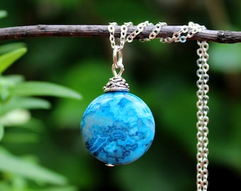 Collar con colgante de piedra preciosa de jaspe azul oceánico: cadena de plata de ley, joyería nupcial, regalo, hecho a mano