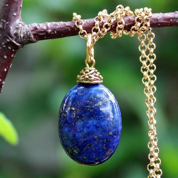 Blue Lapis Stone Pendant Necklace Sterling Silver Chain Gold Statement Dainty Bridesmaid Bridal Mother's Bohemian Healing Gift Handmade