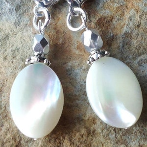Mother of Pearl Dangle Earrings White Wedding Crystals Silver Gold Drop Earrings Bridal Wedding Ivory Earrings Bridesmaid Gift Handmade