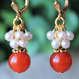 Orange Jade Gemstone Cluster Earring Freshwater Pearls Gold Silver Dangle Earrings Drop Pastel Bridal Formal Gift Handmade