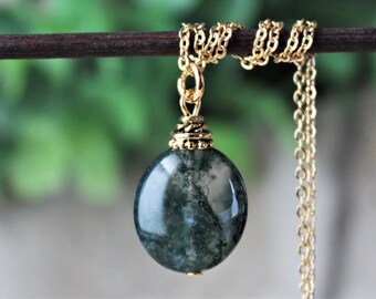 Green Moss Agate Gemstone Pendant Necklace.Gold.Silver.Chain.Statement.Dainty.Bridal.Bridesmaid.Bohemian.Healing.Stone.Small.Gift.Handmade.