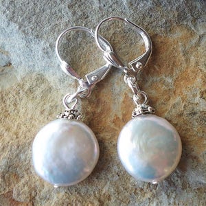 Keshi Coin Pearl Dangle Earrings White Freshwater Pearl Drop Silver Gold Wedding Bridal Valentine Birthday Pearl Earrings Gift Handmade