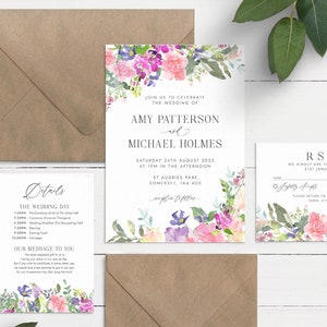 Floral Wedding Invitation, Pink Flower Wedding Invitation, Botanical Wedding Invite, Summer Floral Invitation Set, Floral Wedding Invite