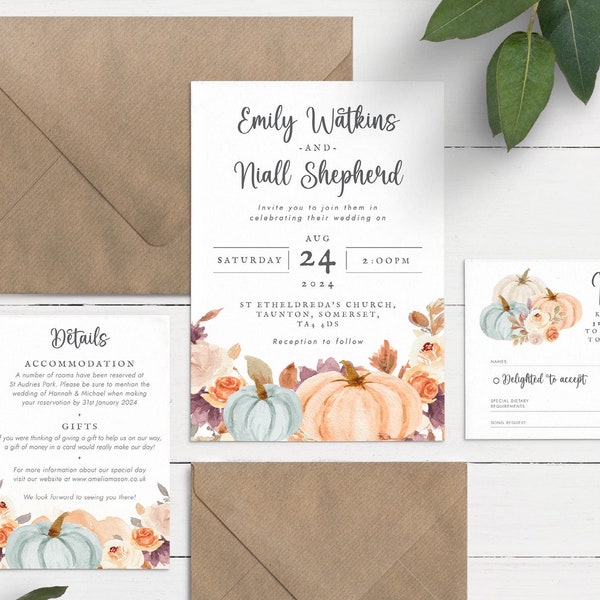 Autumn Wedding Invitation, Pumpkin Invitation Suite, Halloween Wedding Invitation, Fall Floral Wedding Invite, Pretty Pumpkin Wedding Invite