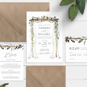 Boho Wedding Invitation, Botanical Wedding Invite, Pretty Wedding Invitation Suite, Wedding Arch Invite, Summer Wedding Invite image 1