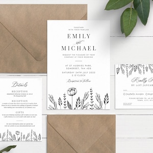 Invitation de mariage botanique, Ensemble d’invitation de mariage de fleurs sauvages, Invitation de mariage avec RSVP, Carte de détails de mariage, Invitation d’illustration florale