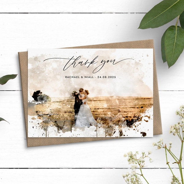 Wedding Thank You Card With Photo, Watercolour Photo Thank You Cards With Envelopes, Bulk Thank You Cards, Custom Thank You Photo Cards