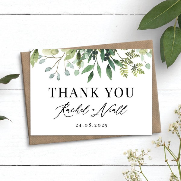 Greenery Wedding Thank You Cards, Personalised Wedding Cards, Botanical Thank You Cards With Envelopes, Bulk Thank You Cards
