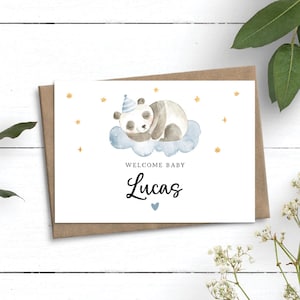 Carte personnalisée pour nouveau-né, carte de naissance, bienvenue d'un petit garçon, carte de naissance, carte de naissance panda, félicitations pour nouveau-né