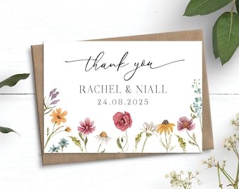 Cartes de remerciement Wildflower, Cartes de mariage personnalisées, Cartes de remerciement de mariage botanique avec enveloppes, Cartes de remerciement en vrac