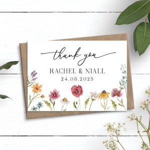 Cartes de remerciement Wildflower, Cartes de mariage personnalisées, Cartes de remerciement de mariage botanique avec enveloppes, Cartes de remerciement en vrac