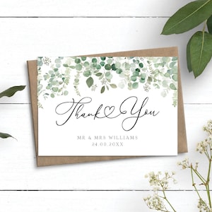 Cartes de remerciement pour mariage eucalyptus, cartes de mariage coeur personnalisées, cartes de remerciement verdure avec enveloppes, carte de remerciement de mariage simple