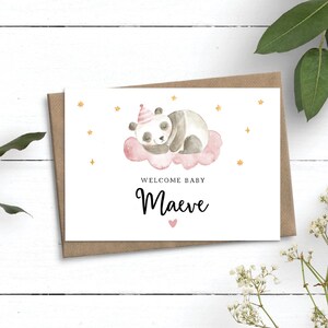 Carte personnalisée pour nouveau-né, carte de naissance, bienvenue de petite fille, carte de bébé fille enceinte, carte de nouveau-né panda, félicitations pour nouveau-né