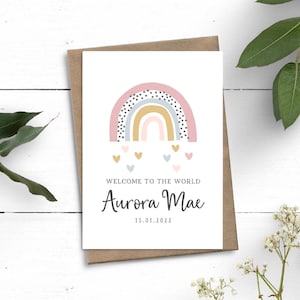 Carte personnalisée pour nouveau-né, carte de bébé arc-en-ciel, carte de bienvenue dans le monde, carte de nouvel arrivage, félicitations pour une nouvelle petite fille, carte souvenir