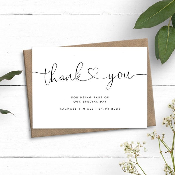 Wedding Thank You Cards, Personalised Wedding Thanks Card, Simple Thank You Cards With Envelopes, Pretty Heart Cards, Bulk Thank You Cards