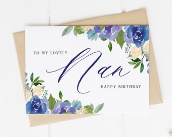 Nan Birthday Card, Blue Flower Birthday Card, Happy Birthday Nan Card, Elegant Birthday Card, Simple Birthday Card For Nan, Floral Birthday