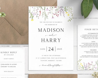 Wildflower Wedding Invitation Suite, Meadow Flower Invitation, Botanical Wedding Invite, Invite With Envelopes, Pretty Summer Wedding Invite