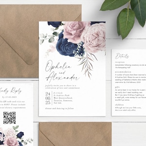 Faire-part de mariage roses bleus et roses, faire-part de mariage à fleurs bleu marine et rose poudré, faire-part de mariage imprimé avec enveloppes, faire-parts simples