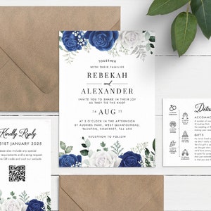 Blue And White Rose Wedding Invitations, Royal Blue Wedding Invitations, Printed Floral Wedding Invites With Envelopes, Pretty Invitations