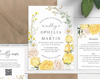 Floral Wedding Invitations: Yellow Rose Print with Envelopes