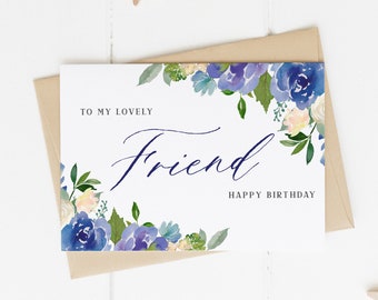 Friend Birthday Card, Blue Flower Birthday Card, Elegant Birthday Card, Bestie Birthday Card, Pretty Birthday Card, Birthday Card Her