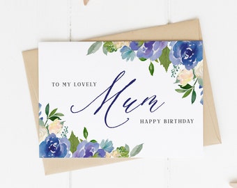Mum Birthday Card, Blue Flower Birthday Card, Happy Birthday Mum Card, Elegant Birthday Card, Simple Birthday Card For Mum, Floral Birthday