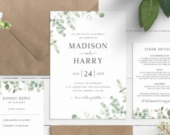 Eucalyptus Wedding Invitation, Greenery Wedding Invite Suite, Modern Printed Wedding Invitations With Envelopes, Botanical Wedding Invite