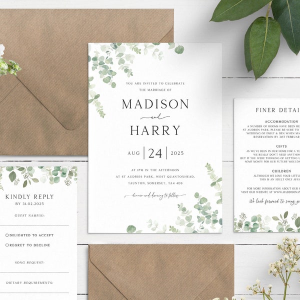 Eucalyptus Wedding Invitation, Greenery Wedding Invite Suite, Modern Printed Wedding Invitations With Envelopes, Botanical Wedding Invite