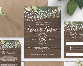 Rustic Wood Wedding Invitation Set: String Lights, Boho Barn (Envelopes Included)