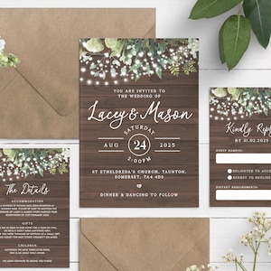 Rustic Wood Wedding Invitations, Boho Wedding Invitation, String Lights Wedding Invite, Barn Wedding Invite Set, Invites With Envelopes