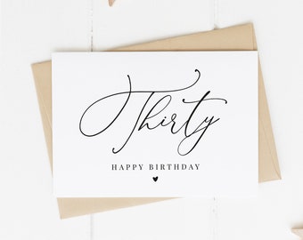 30th Birthday Card, Milestone Birthday Card, Elegant Birthday Card, Simple Birthday Card, Happy Thirtieth Birthday Card, Calligraphy Card