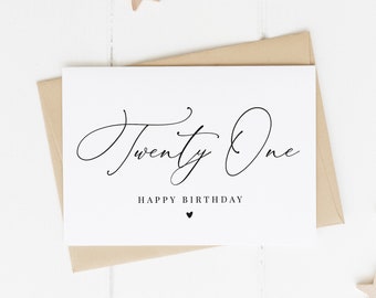 21st Birthday Card, Milestone Birthday Card, Elegant Birthday Card, Simple Birthday Card, Happy Twenty First Birthday Card, Calligraphy Card