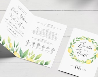 Lemon Wedding Invitation, Folded Wedding Invitation, Yellow Wedding Invite, Destination Wedding, Italy Summer Wedding, Mediterranean Wedding