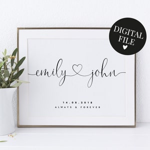 Regalo DIGITALE per matrimonio, stampa personalizzata, stampa personalizzata con nomi e data di coppia, regalo di nozze stampabile, stampa per coppia, stampa di fidanzamento