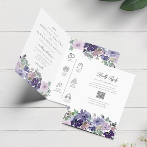 May include: Purple and white floral wedding invitation with an RSVP card. The invitation includes the names "Ophelia Malone and Alexander Jones" and the date "Saturday, 12th March 2023". The RSVP card includes the text "Kindly Reply by 1st January 2023" and a QR code.