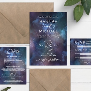 Invitation de mariage galaxie, invitation de mariage ciel nocturne, carte d’annonce de mariage céleste, suite d’invitation de mariage, invitations de mariage d’hiver