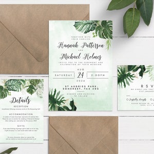 Tropical Wedding Invitation, Greenery Wedding Invite, Monstera Wedding Set, Botanical Wedding Suite, Destination Beach Wedding Invitation