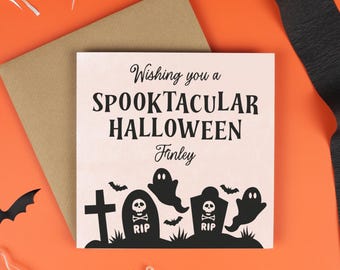 Personalised Halloween Card, Spooktacular Halloween Card, Graveyard Ghost Design, Custom Name Halloween Card
