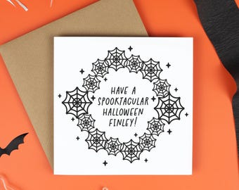 Personalised Halloween Card, Spooktacular Halloween Card, Spiderweb Wreath Design, Custom Name Card, Modern Black and White Halloween