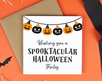 Personalised Halloween Card, Spooktacular Halloween Card, Pumpkin Garland Design, Cute Custom Name Card