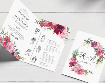 Bright Pink Floral Wedding Invitation, Folded Wedding Invitation, Pink Flower Invitation, Pink Rose Boho Summer Wedding Invite