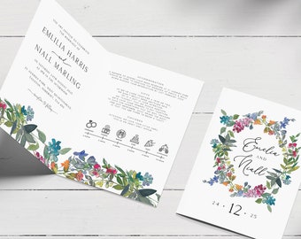 Bright Wildflower Wedding Invitation, Folded Wedding Invitation, Pretty Flower Invitation, Summer Wedding Invite, Meadow Flower Invite