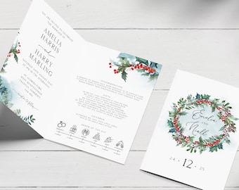 Printed Christmas Wedding Invitation, Folded December Wedding Invitation, Holly Invitation, Winter Wedding Invite, Festive Wedding Invite