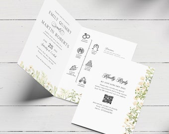 Wildflower Wedding Invitation, Folded Wedding Invitation, White Flower Invitation, Summer Or Spring Wedding Invite, White Floral Invitation