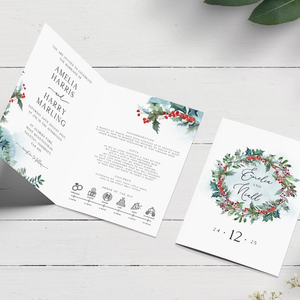 Printed Christmas Wedding Invitation, Folded December Wedding Invitation, Holly Invitation, Winter Wedding Invite, Festive Wedding Invite